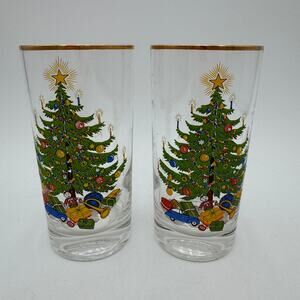 Vintage Cuthbertson Highball Glasses Set of 2 Christmas Tree 5.5"